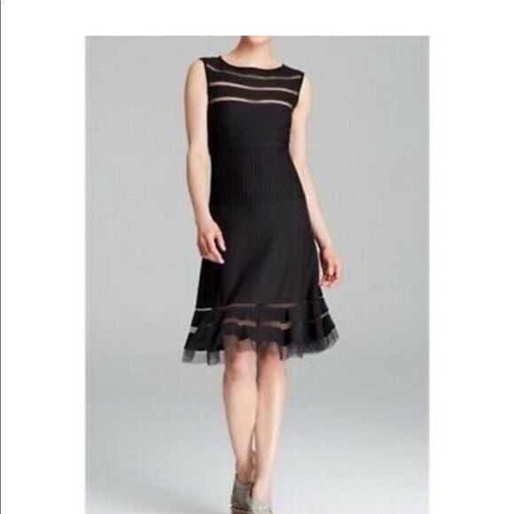 Tadashi Shoji Black Pintuck Illusion Cocktail Dress size L NWT